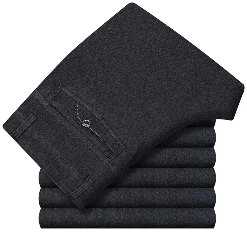 Новинка, Классические деловые джинсы для мужчин, зимние теплые флисовые уплотненные черные брюки, мужские повседневные Прямые облегающие брюки, мужские WFY02