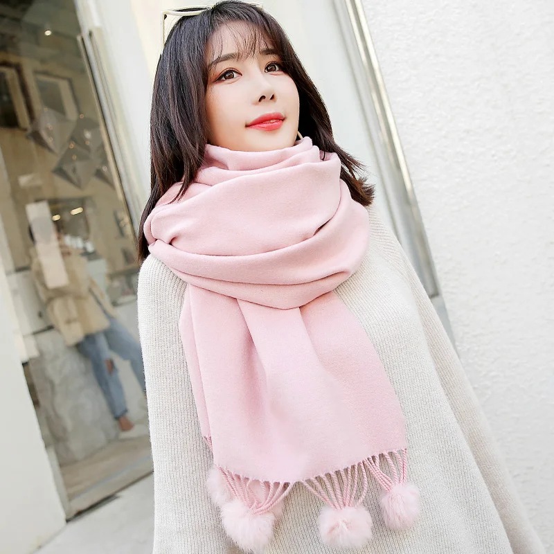 

2019 Winter Faux Cashmere Scarf with Fur Ball Pompoms Korean Echarpe Foulard Femme Shawl Wraps for Women Pink Warm Scarves