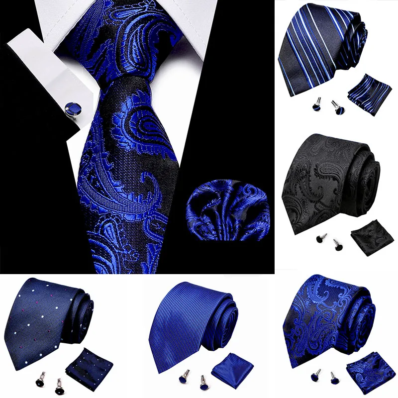 

2019 Men's Fashion Classic Jacquard Blue and Black7.5cm Tie Paisley Cashew Tie Pocket Towel Cuffs Three-Piece Party