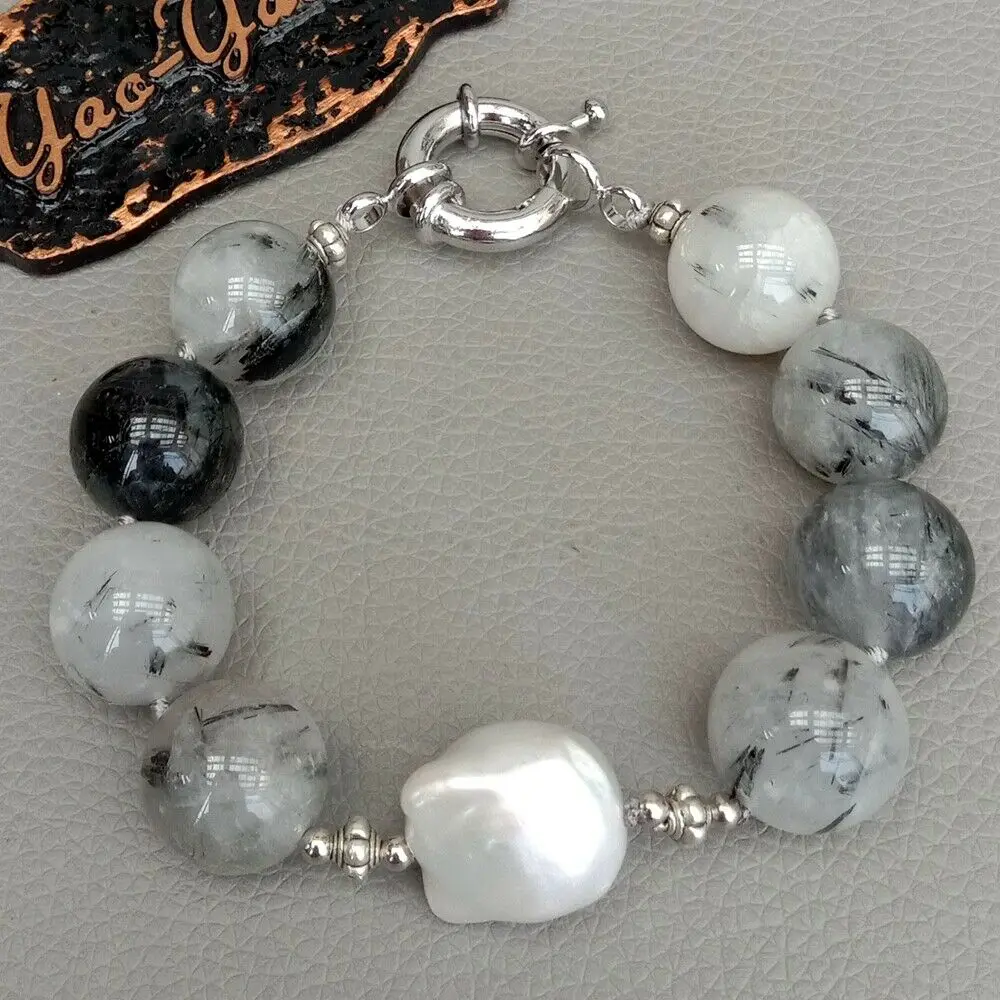 

8'' 16mm Black Rutilated Quartz White Keshi Pearl Bracelet