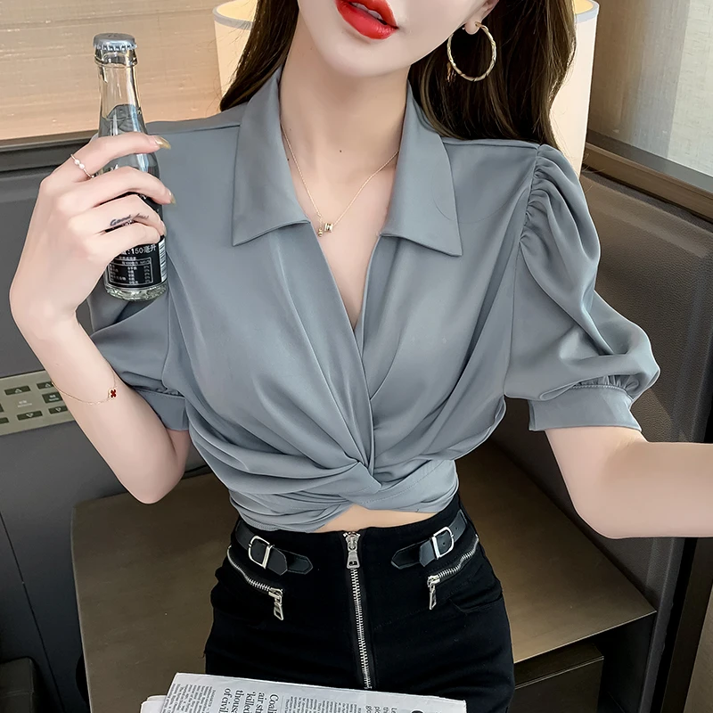 

Женская короткая блузка с поясом, однотонная блузка с отложным воротником и пышными рукавами, лето 2021