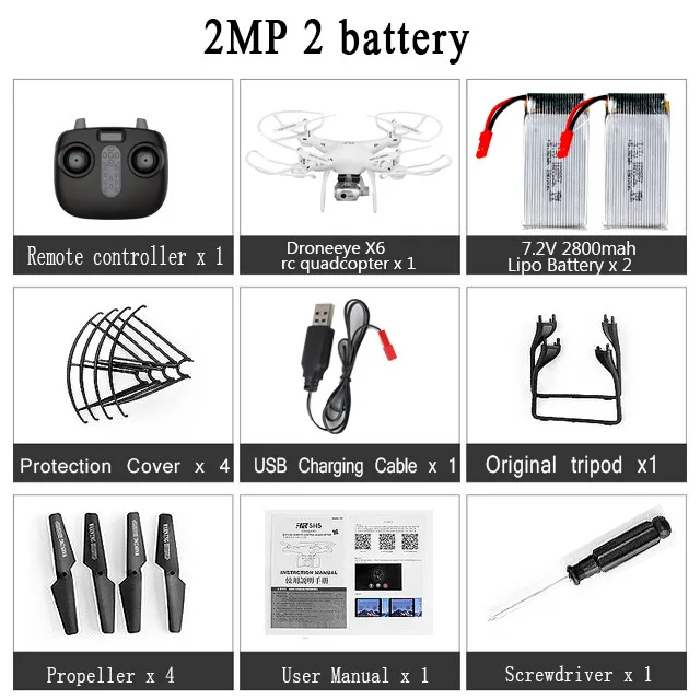 Droneeye X6 новейший Радиоуправляемый Дрон Квадрокоптер с 1080P Wifi FPV Вертолет камеры 20 мин Летающий Профессиональный Дрон - Цвет: white 2MP 2Battery