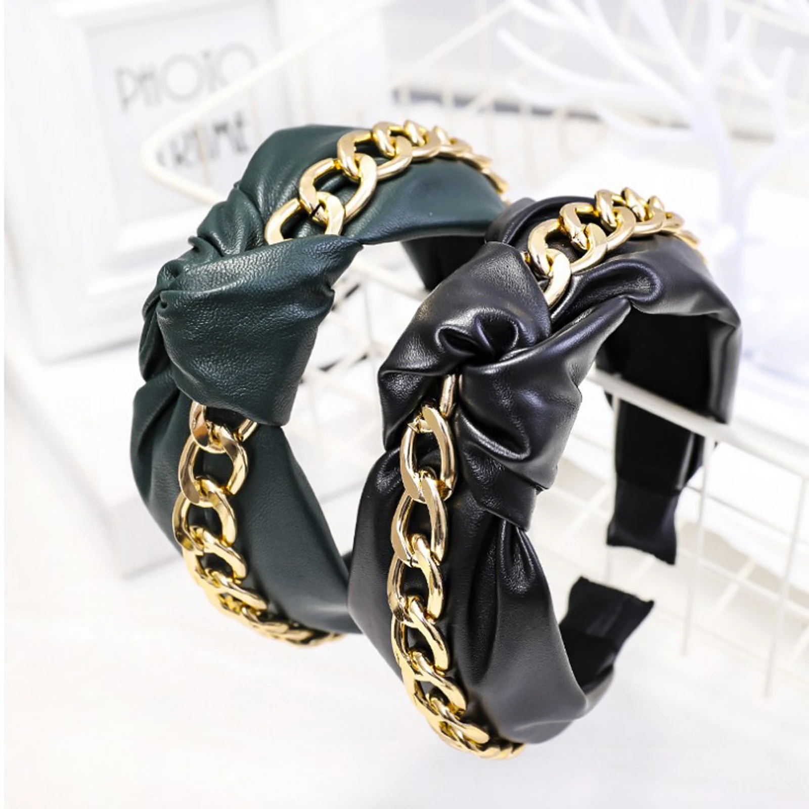 New Fashion Autumn Winter Hairband Women Casual PU Headband Shining Alloy Hair Band Wide Side Turban Adult Hair Accessories