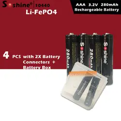 4 шт./лот Soshine 10440 Батарея 3,2 В 280 мАч LiFePO4 ячейки Перезаряжаемые AAA Батарея с 2X Батарея разъемы + Батарея коробка