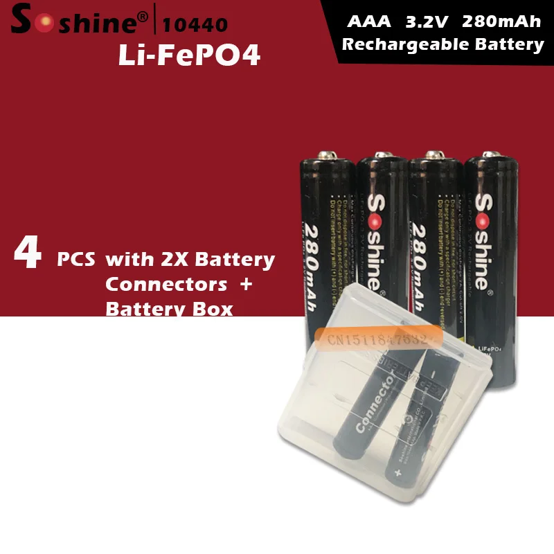 

4 pieces/lot Soshine 10440 battery 3.2V 280mAh LiFePO4 cell Rechargeable AAA Battery with 2X Battery Connectors + Battery Box