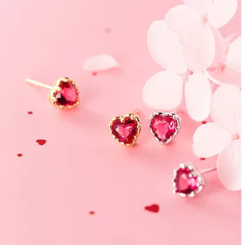 

925 Sterling Silver Red Cubic Zircon Love Heart Shape Ear Studs Earrings Korean Gold Color Plated CZ Earings for Women