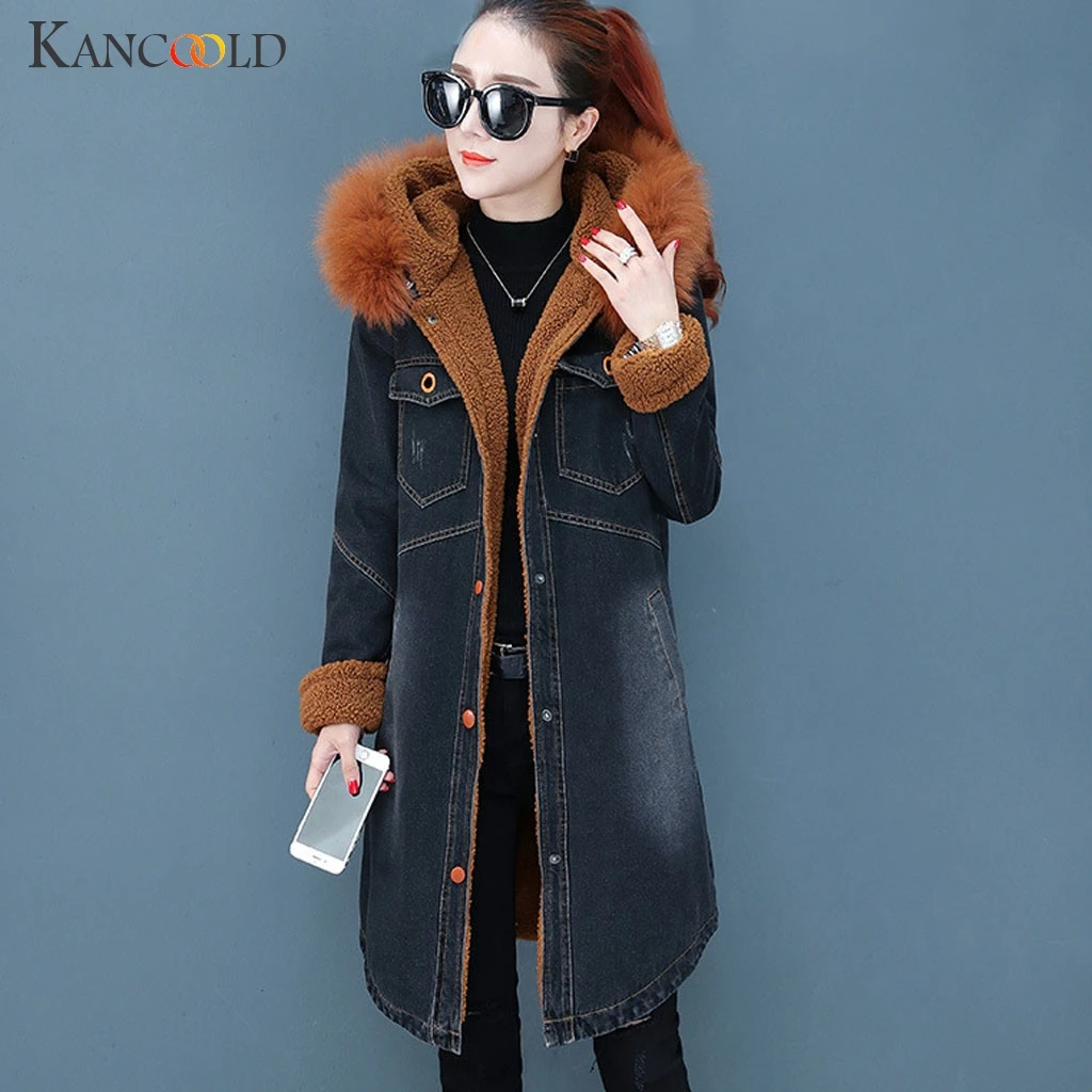 lower price  KANCOOLD coats Winter Warm Women Fluffy Denim Jacket Hooded Long Outwear Overcoat Long Sleeve coats