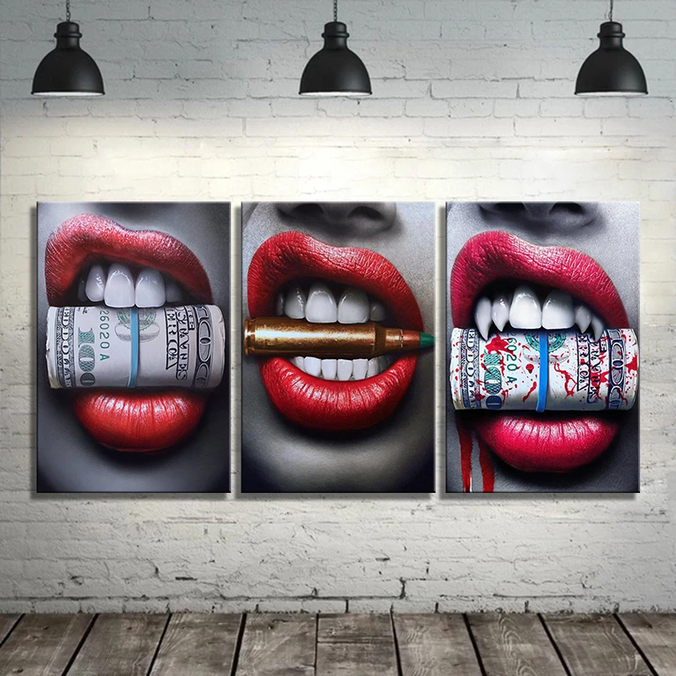

3 Panel Wall Art Prints Posters Sexy Red Lips Bite Bullet and Money Modern Canvas paintings For living room Decor Unframed