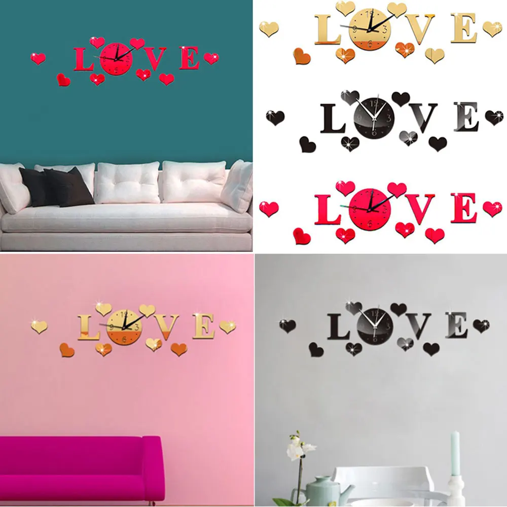 Creative Plastic 3D Mirror Effect Stickers Wall Clock LOVE Decals Decoration