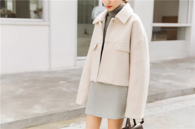 Ulzzang/839# зимняя новая стильная модная свободная короткая шерстяная куртка с отложным воротником