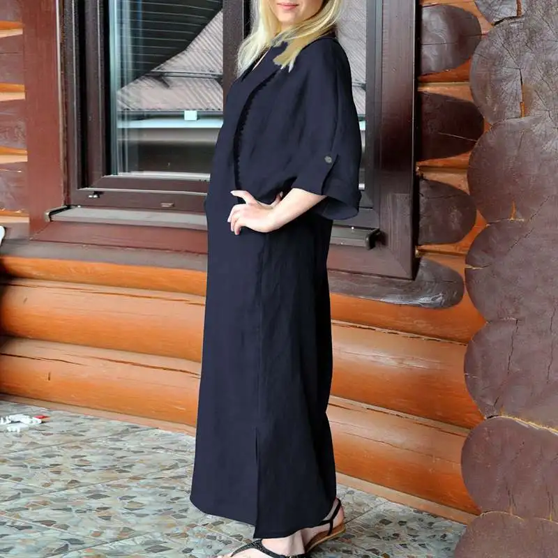 VONDA vintage винтажное платье женское хлопковое повседневное свободное платье с рукавом 3/4, однотонное праздничное Макси длинное платье-рубашка, платья Kleid Robe Femme, большие размеры