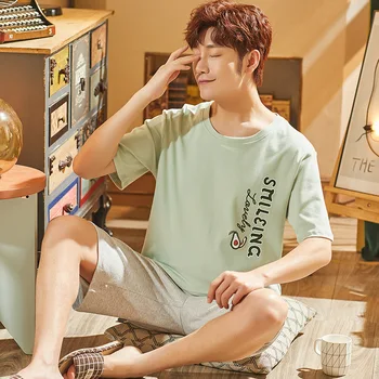 

Pajamas Men's Summer Pure Cotton Short Sleeve Korean-style Casual Loose-Fit Men Pajamas Pajamas Thin Summer Cotton Tracksuit Men