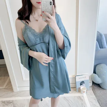 

Lace Trim Women Wedding Robe Set Summer Satin 2PCS Sleepwear Female Kimono Bathrobe Gown Casual Nightwear Sexy Home Clothes