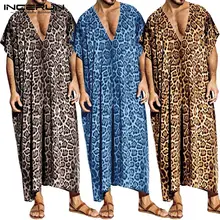 INCERUN Модные мужские халаты с леопардовым принтом, одежда для сна с коротким рукавом, Повседневная Домашняя одежда с v-образным вырезом, свободные купальные халаты для мужчин, мусульманский кафтан, одежда