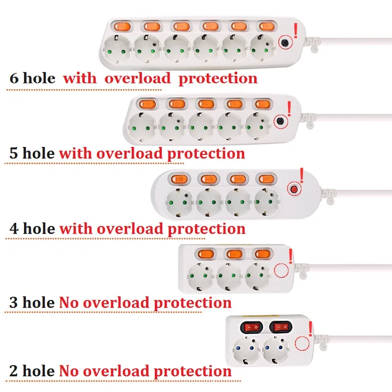 Штепсельная Вилка европейского стандарта разъем питания 10/16A защита от перегрузки для безопасности детей, расширение гнезда ЕС мощность полосы 2/3/4/5/6 отверстий 4,8 мм 2 контактный разъем