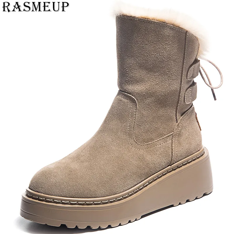 

RASMEUP Genuine Leather Women Ankle Snow Boot Leather Fur Wedges Warm Plush Rubber Platform Lace Up Ladies Boots Mujer