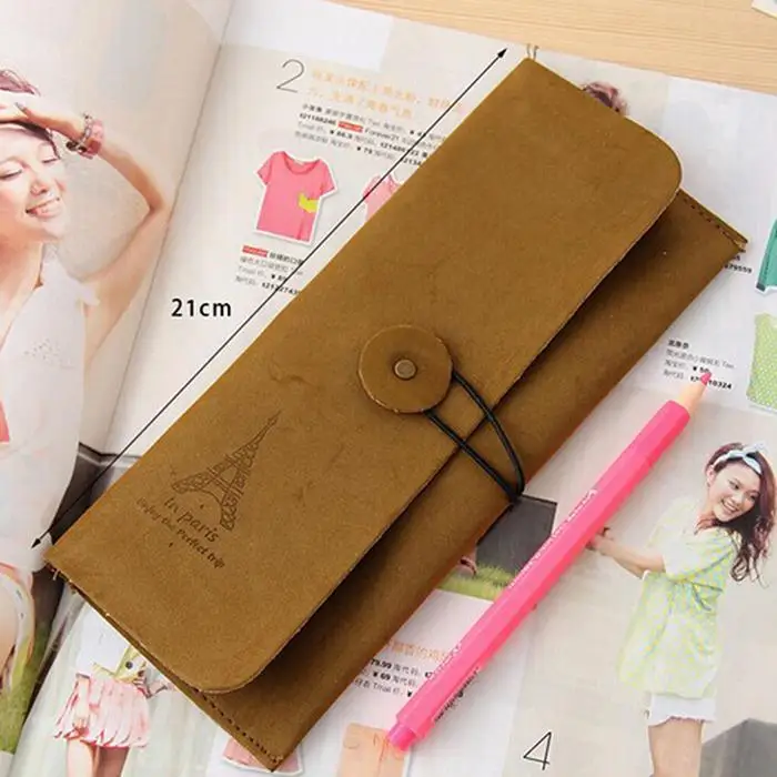 New Students Retro Style Button Organize Solid Rectangular Brown, Dark brown, Coffee Pencil Pen Bag