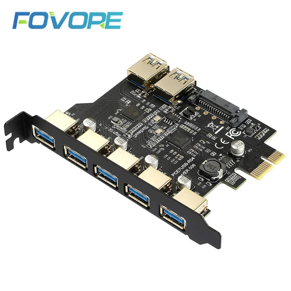 SuperSpeed-tarjeta E PCI de 7 puertos USB 3,0, con conector de alimentación SATA de 15 Pines, adaptador PCI-E, tarjeta de expansión, chipset nec7201 y GL3510