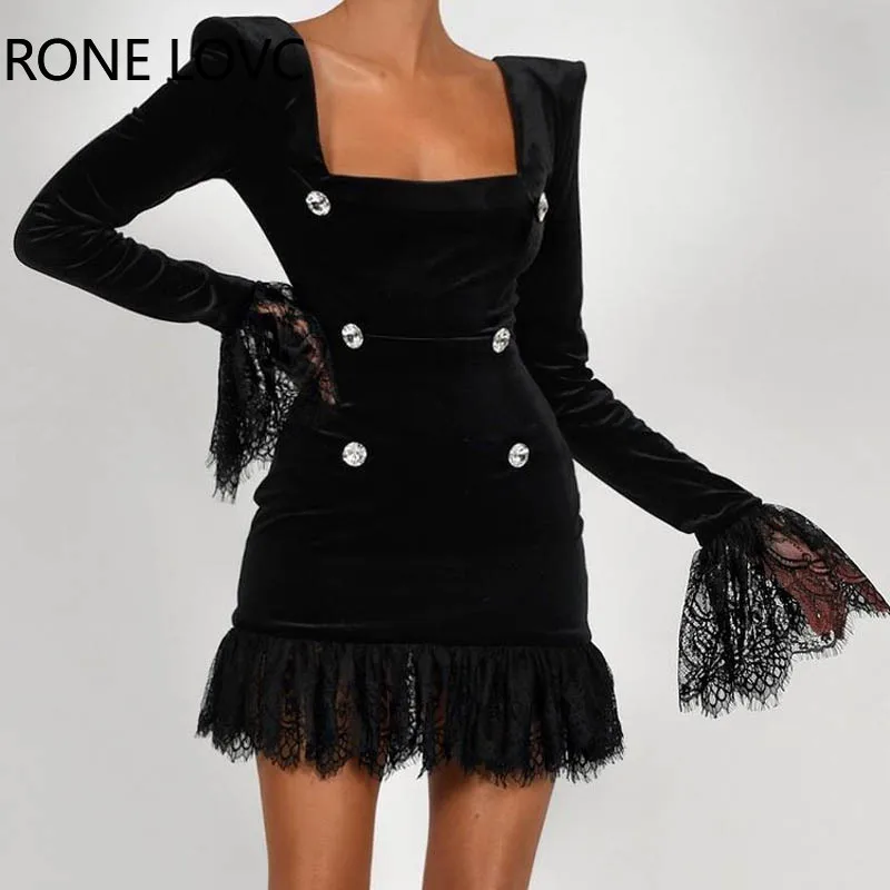 Women Solid Elegant Button Flannel Flare Sleeves Lace Hem Mini Working Black Blazer Dresses | Женская одежда