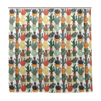 

Shower Curtain, Mexican Succulent in Pots Botanical Themed Illustration House Plant Arrangement Customized Bathroom Shower