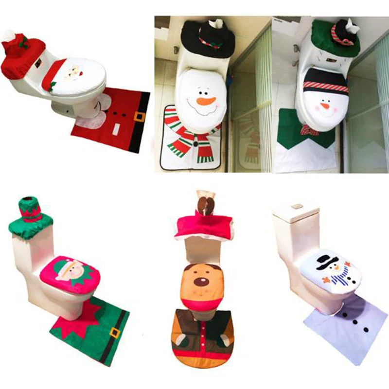 

Toilet Foot Pad Seat Cover Cap Christmas Decorations Happy Santa Toilet Seat Cover and Rug Bathroom Accessory Santa Claus 1Set