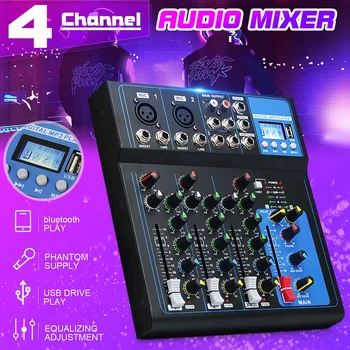 

4 Channel Bluetooth Portable Audio Mixer w/USB DJ Sound Mixing Console MP3 Jack Karaoke 48V Amplifier Karaoke KTV Match Party