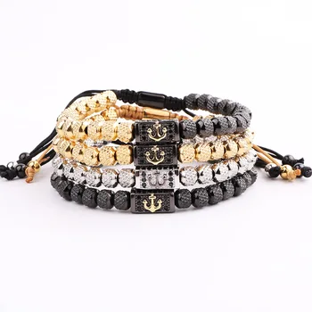 JARAVVI New Cute Design Stainless Steel Beads CZ Gold Anchor Charm Macrame Bracelet Men