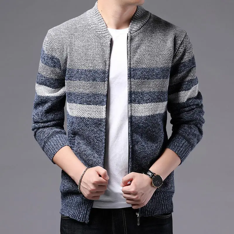 Полосатый толстый теплый зимний полосатый вязаный кардиган свитер Мужская одежда Джерси мужские вязаные свитера пальто Мужская мода 9310 - Цвет: Blue Grey