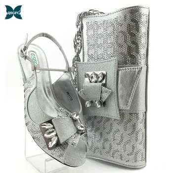 

Mature Style Slingbacks Italian design Women Shoe and Bag Set in Silver Color Peep Toe Nigerian Lady Shoe Matching Bag for Party