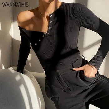 

WannaThis Autumn Winter Women's T-shirts Skew Collar Long Sleeve Button Tee Tops Elegant Casual Knitted Fashion Vintage New Tops