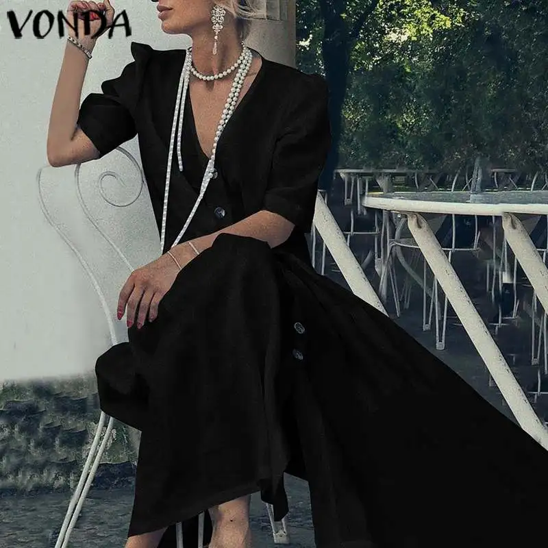 VONDA/женские вечерние платья из хлопка с коротким рукавом и глубоким v-образным вырезом, длинные платья на пуговицах, праздничное плиссированное платье Vestidos размера плюс