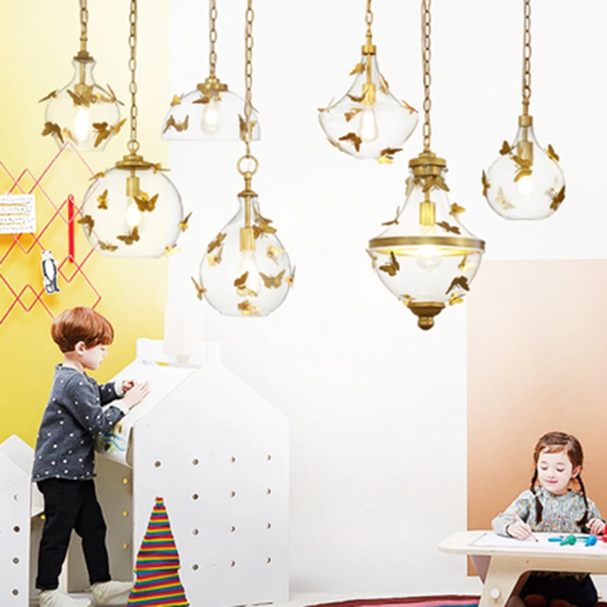 

Postmodern Design Butterfly Glass Pendant Lights American Retro Gold Led Hanging Lamp Meal Bar Living Room Bedroom Decor Fixture