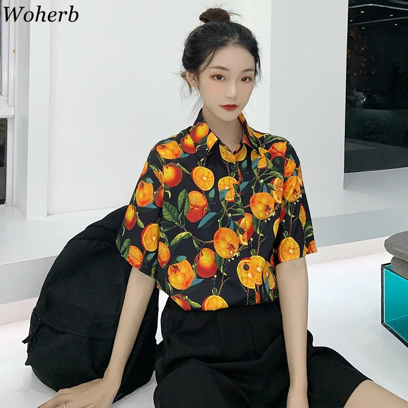 Woherb летняя Новинка с фруктовым принтом рубашки коротким рукавом винтажные