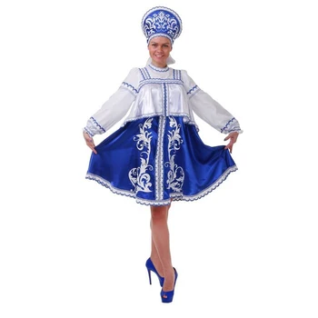 

Russian women's suit, dress with a flying yoke, kokoshnik, blue, size 44, height 172 cm