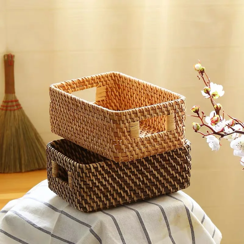 Tabletop storage basket handmade rattan woven sundry tableware tea set storage basket restaurant interior home decoration
