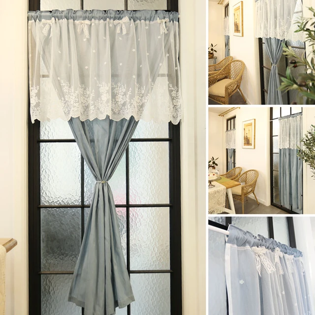 Cortina de algodón con bordado de media cortina blanca para cocina,  cafetería, bolsillo para barra/cortina corta hecha a mano, paneles de  cortina de