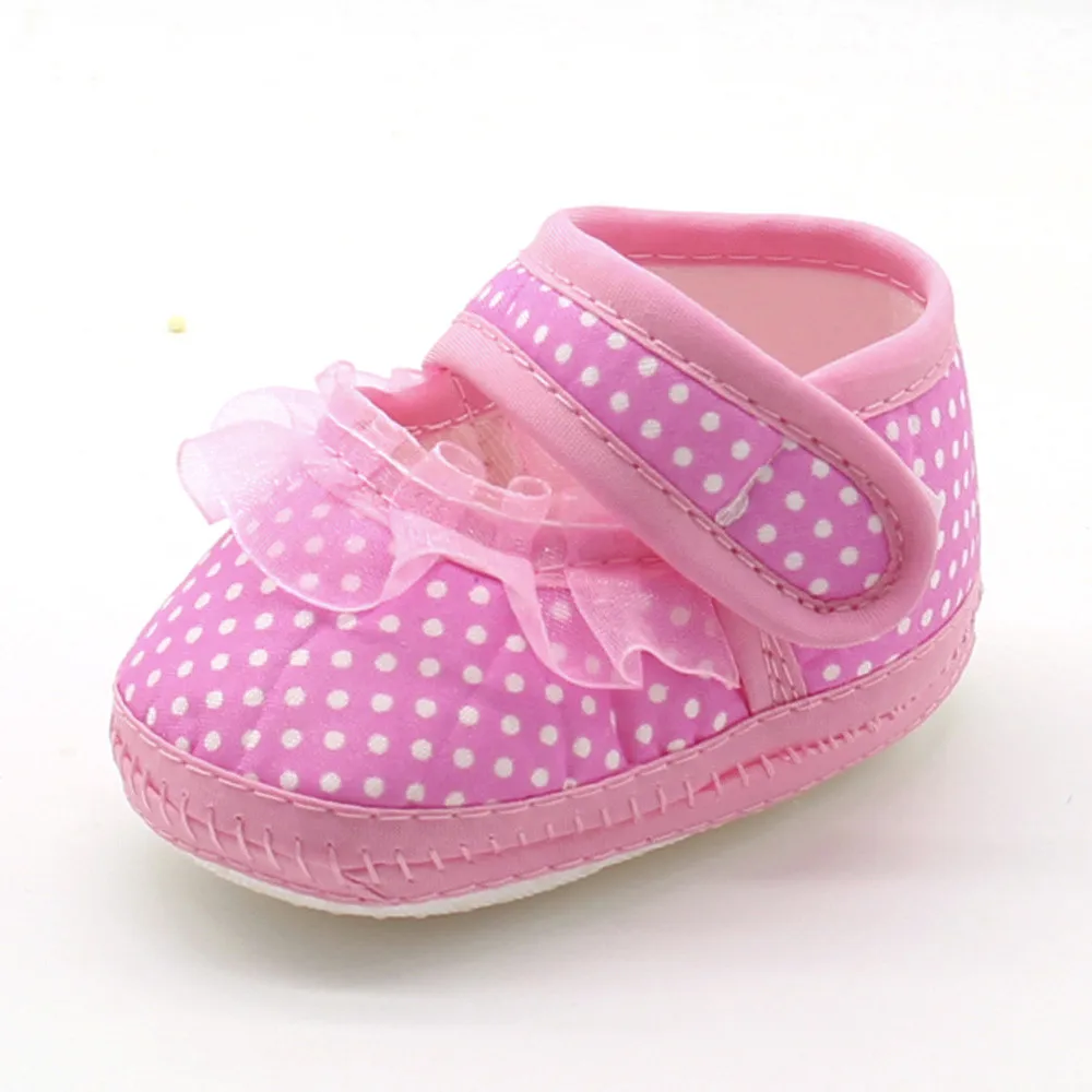 Huang Neeky# P501 для новорожденных, младенцев, маленьких кружевами и узором в горошек для девочек на мягкой подошве для младенцев Теплые повседневные туфли на плоской подошве подарки, Прямая поставка