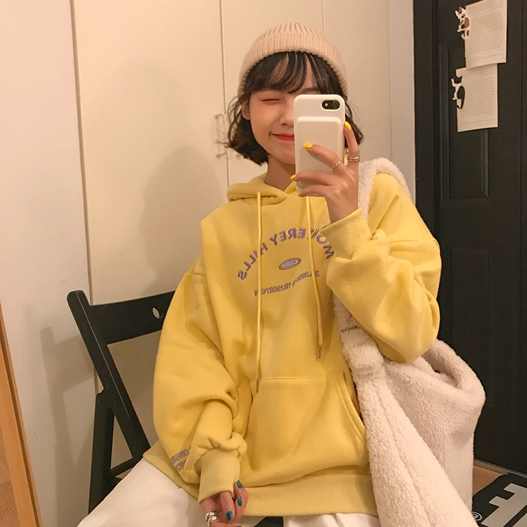 Осенняя негабаритная Толстовка, зимняя Корейская женская одежда harajuku, модная Ретро Толстовка с буквенно-цифровым карманом и вышивкой для женщин