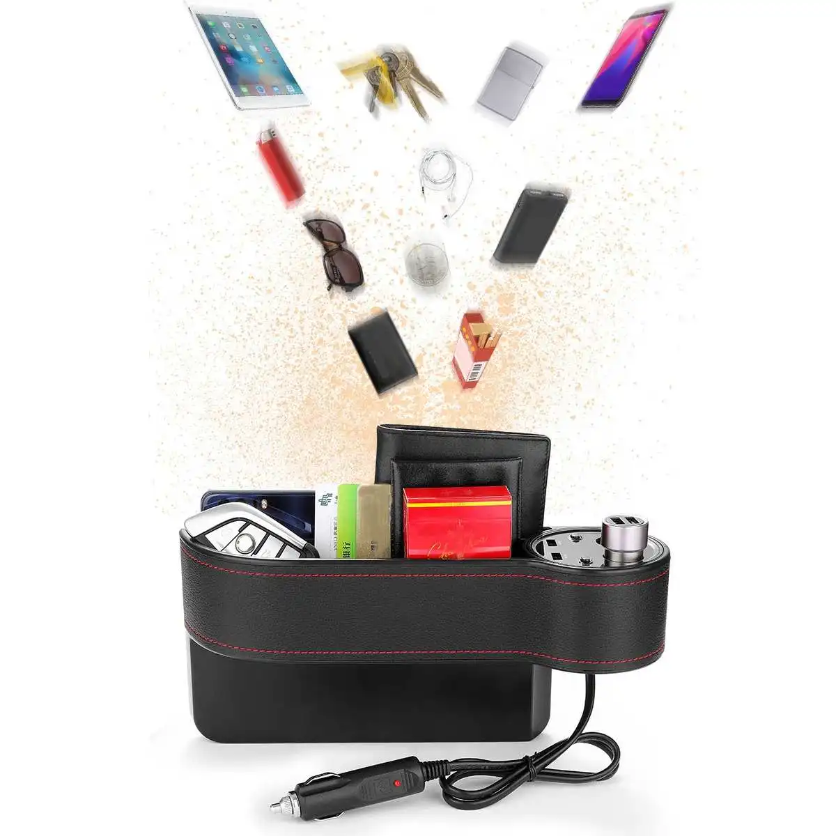 PU Leather Car Seat Gap Storage Box Multi-use Stowing Tidying Voltage Display 2 Cigarette lighter USB