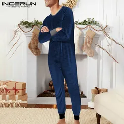 INCERUN Men Striped Pajama Jumpsuits Leisure Long Sleeve Buttons Rompers Nightgown Man Fitness Breathable Overalls Homewear 5XL7
