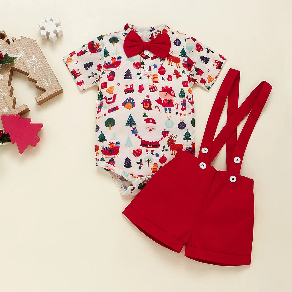 Рождественский Комбинезон для маленьких девочек и мальчиков с принтом героев мультфильмов; брюки на подтяжках; комплекты одежды для малышей; модные комплекты одежды с короткими рукавами и бантом