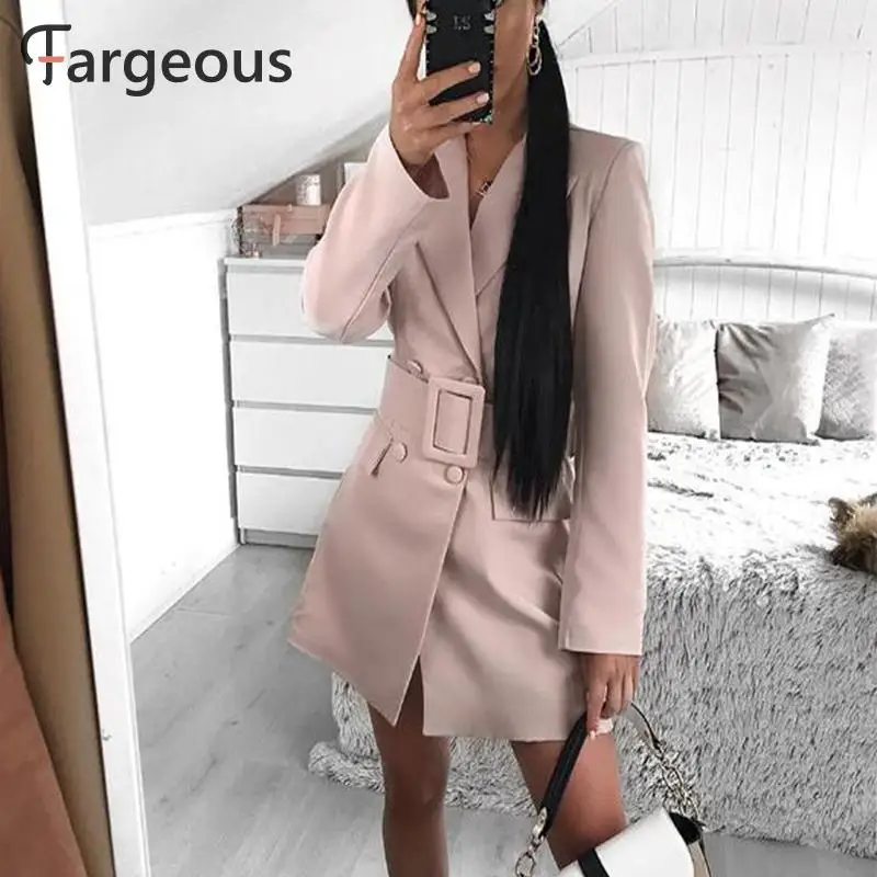 Fargeous двубортное платье-блейзер, женское офисное одноцветное короткое платье с поясом, женское элегантное розовое платье размера плюс