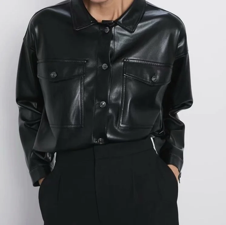 Осень женская новая куртка-рубашка из искусственной кожи с длинным рукавом и карманом на пуговицах 02969275800