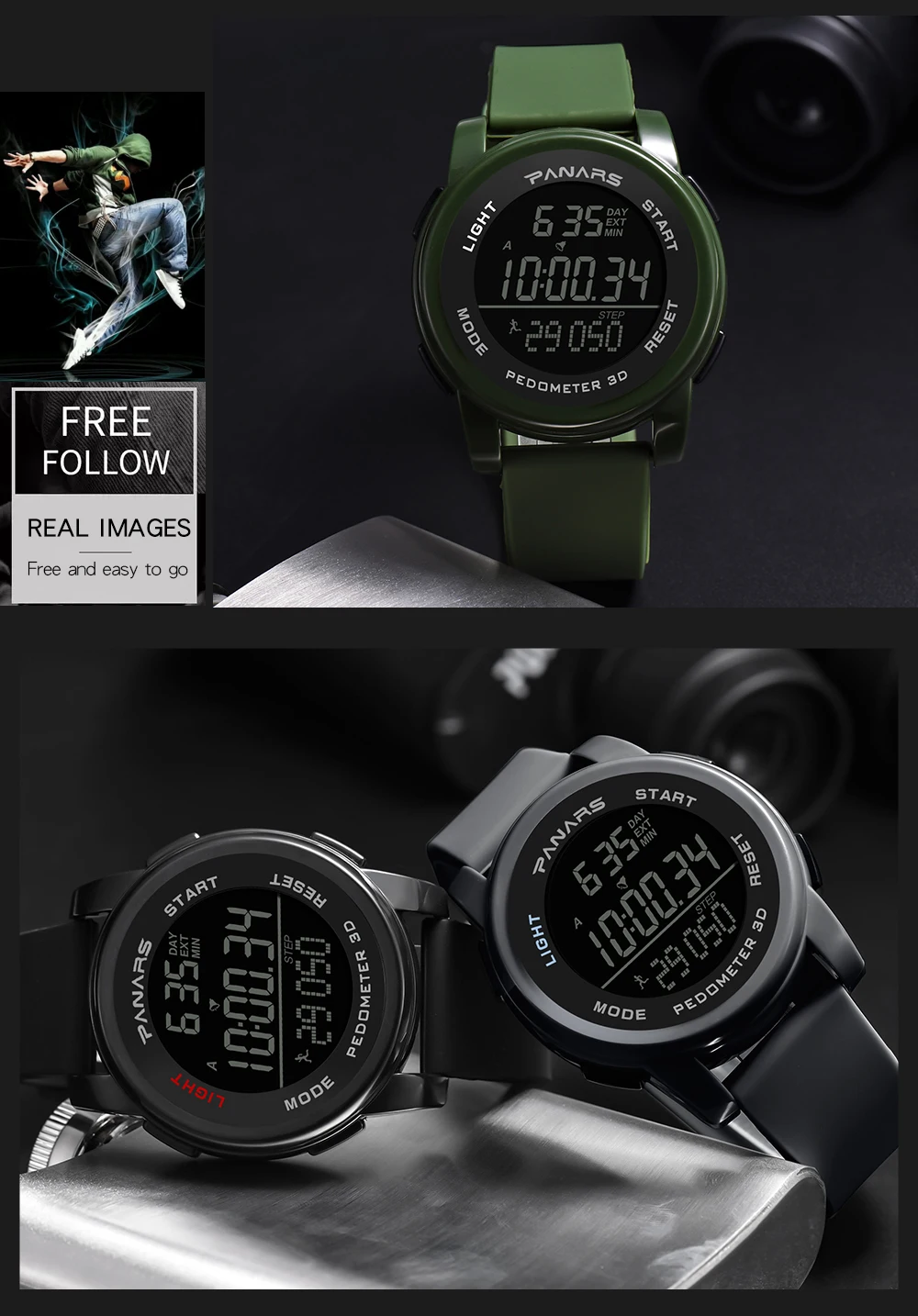 PANARS Mens Digital Watches Men's Sport Watch Dual Time Pedometer Alarm Clock 50M Waterproof Military Multifunction Reloj Hombre
