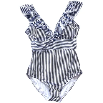 

Sexy Female Retro V Neck Blue Striped Swimsuit One Piece Ruffled Push Up Padded High Waist Swimwear Women