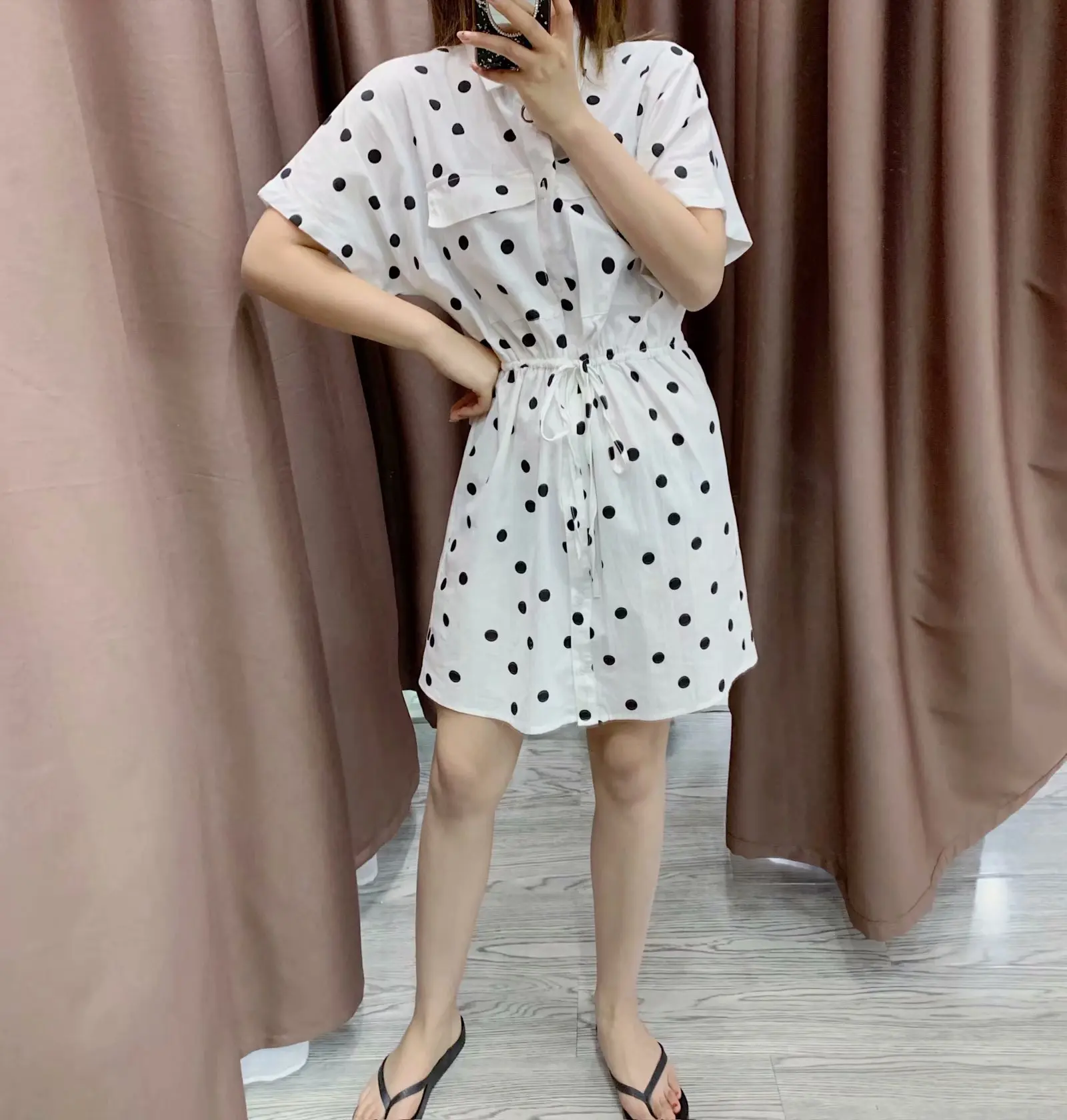 

Europe And America 2019 New Style Versitile Fashion Slim Fit Slimming gong zhuang kuan Waist Hugging Shirt Polka Dot Dress Women