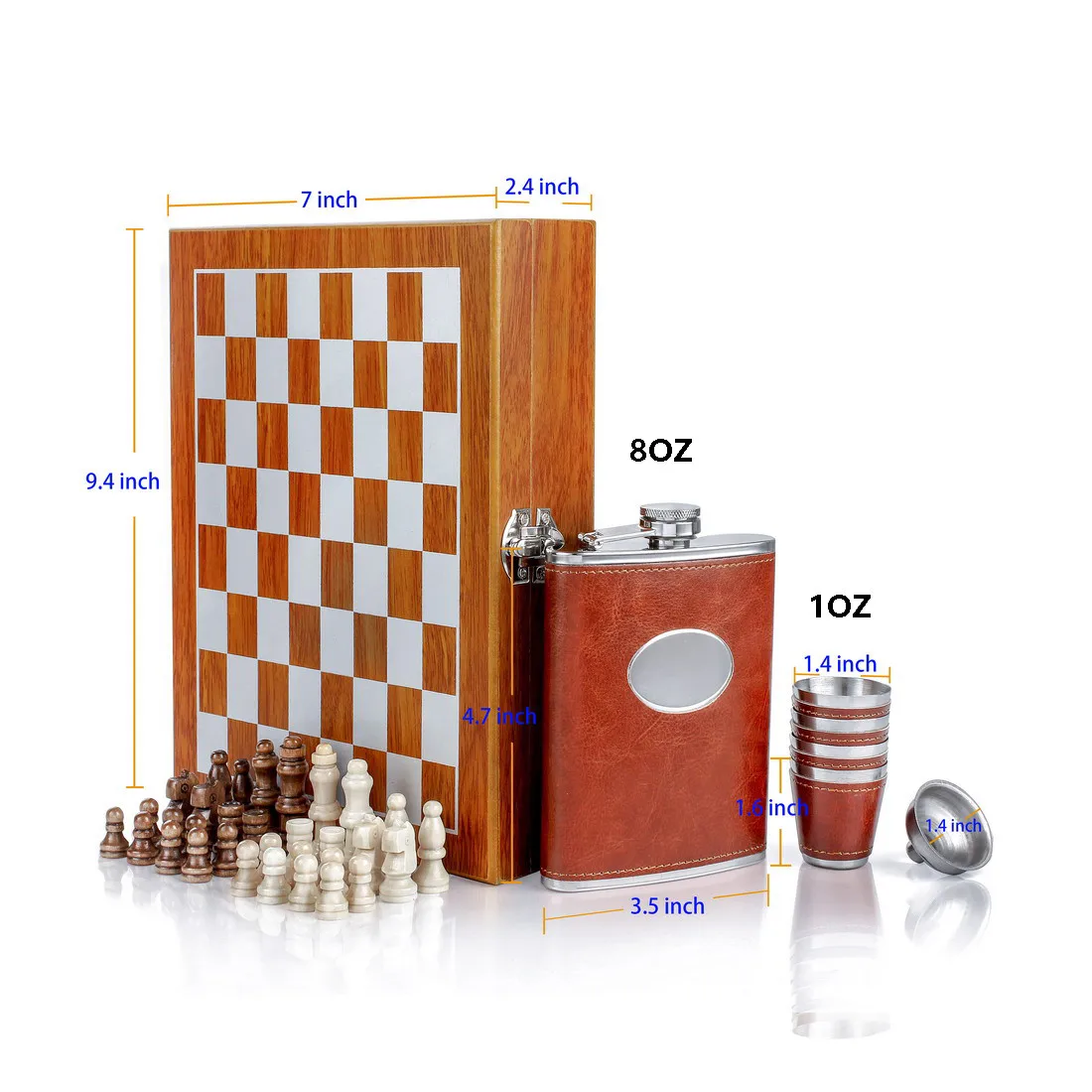 Деревянные шахматы 8 унций нержавеющая сталь Кожа бедра колба набор с воронкой и 4 чашки Подарочная коробка подарки для детей мужские колбы ликер