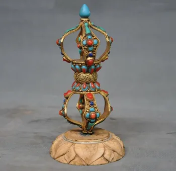 

wedding decoration 6"Tibet Buddhism bronze 24k gold Inlay turquoise gem Vajra Talismans FaQi Dagger
