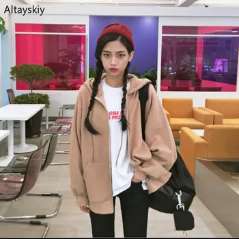 

Hoodies Women Hooded Loose Zipper Simple All-match Korean Style Leisure Daily Sweatshirts Womens High Quality Solid 2020 New