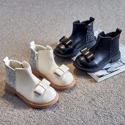 Chaussures de princesse en velours pour filles, bottes de fête Martin à talons bas, noires, beiges, brillantes, E11253, hiver 